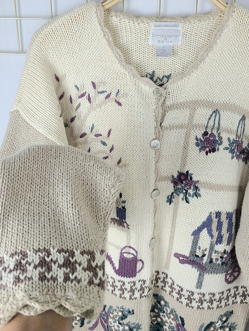 Hand Embroidered Floral Garden Ramie Blend Cardigan 90s Vintage Grandma Sweater - Picture 4 of 10